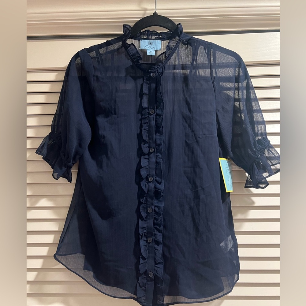 NWT CeCe Sheer Black Ruffle Top